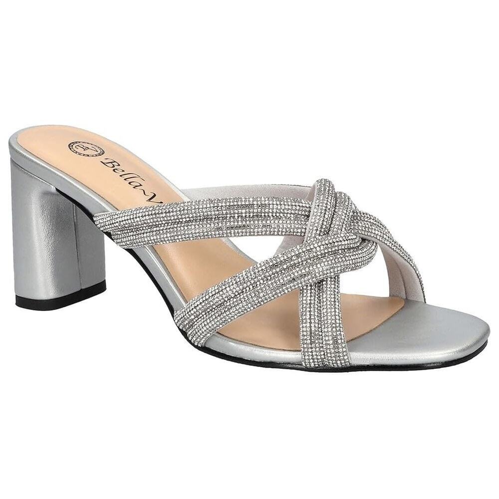 Bella Vita Women Carmen Cross Strap Slide Sandals Size US 8N Silver w/ Stones